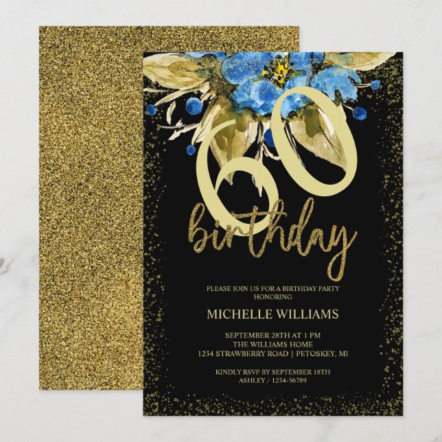Invitación Purpurina azul floral caligrafía de oro cumpleaños (Anverso / Reverso)