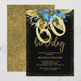 Invitación Purpurina azul floral caligrafía de oro cumpleaños