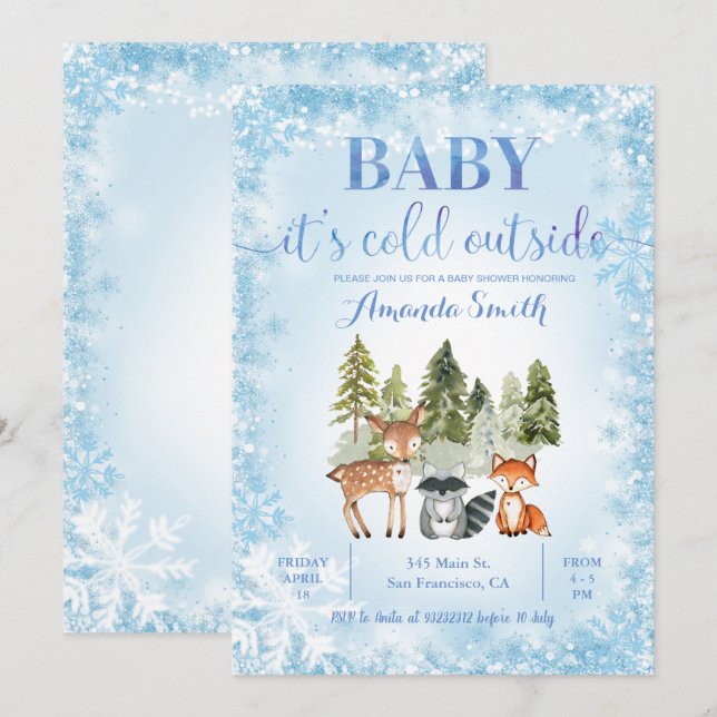 Invitación Purpurina azul frío fuera de Woodland Baby Shower (Anverso / Reverso)