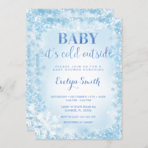 Invitación Purpurina azul frío fuera del Baby Shower de copo 