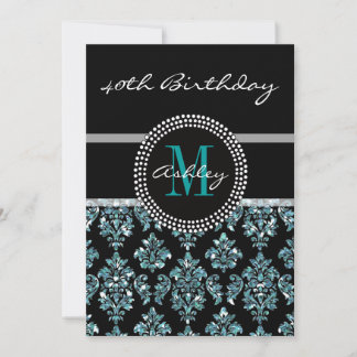 Invitación Purpurina Azul Girly Damasco Negro 40 cumpleaños