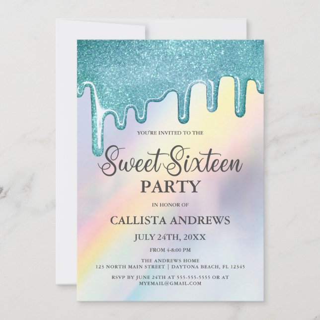 Invitación Purpurina azul gotea dulce holográfico arcoiris 16 (Anverso)