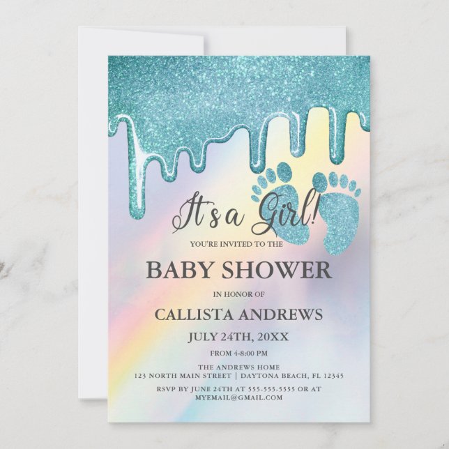 Invitación Purpurina azul gotea en Baby Shower holográfico ar (Anverso)