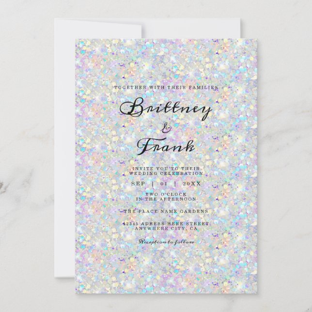Invitación Purpurina azul holográfico  blanco moderno elegant (Anverso)
