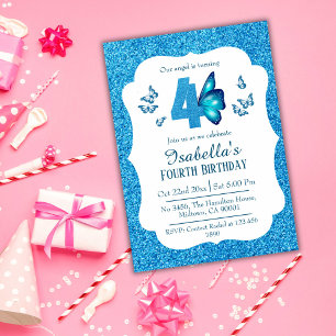 Invitación Purpurina azul lindo vibrante brillante 4° cumplea