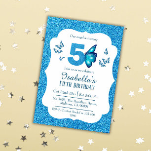 Invitación Purpurina azul lindo vibrante brillante 5 años