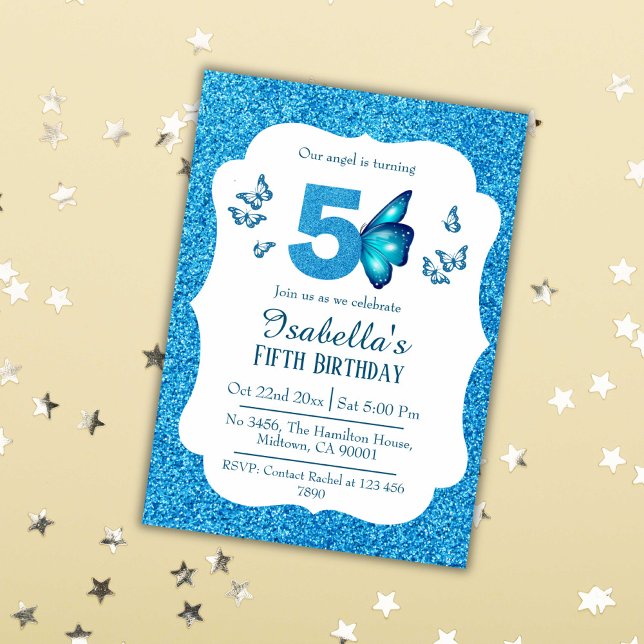 Invitación Purpurina azul lindo vibrante brillante 5 años (Subido por el creador)