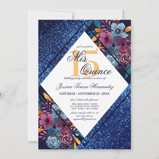 Invitación Purpurina Azul Marina Floral Acuarela Mis Quince (Anverso)
