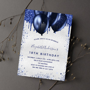 Invitación Purpurina azul marino plateado de cumpleaños gotea