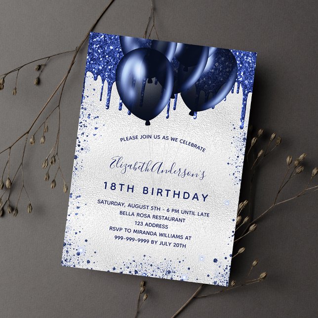 Invitación Purpurina azul marino plateado de cumpleaños gotea (Subido por el creador)