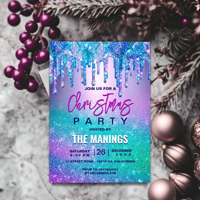 Invitación purpurina azul moda púrpura oscuro gotea Navidades (Subido por el creador)