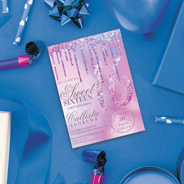 Invitación Purpurina azul morado perfora dulce 16 (Subido por el creador)