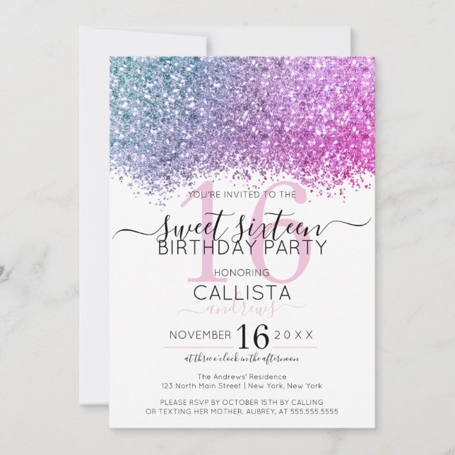 Invitación Purpurina azul morado rosado moderno Confetti Swee (Anverso)