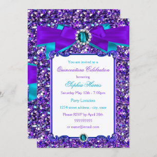Invitación Purpurina azul morado Verde azulado Jewel Bow Quin