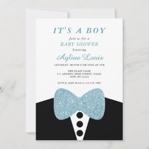 Invitación Purpurina azul negro Tuxedo Bow Tie Baby Shower
