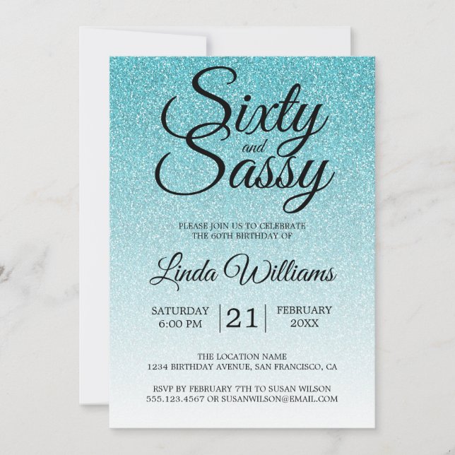 Invitación Purpurina azul Ombre 60 y cumpleaños 60 Sassy (Anverso)