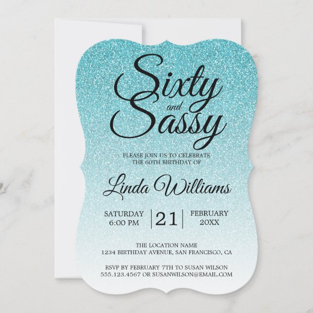 Invitación Purpurina azul Ombre 60 y Sassy 60th Birthday Invi (Anverso)