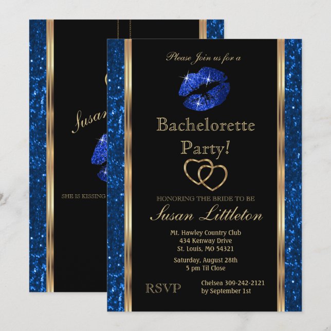 Invitación Purpurina azul oscuro levanta fiesta de soltera (Anverso / Reverso)