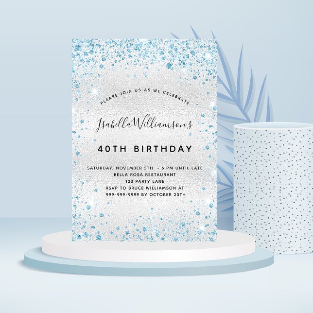 Invitación Purpurina azul plateado cumpleaños destello elegan (Subido por el creador)