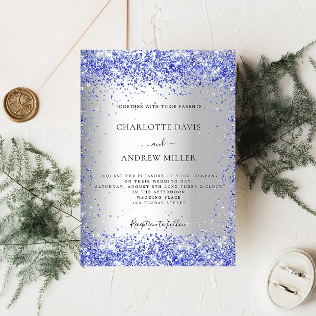 Invitación Purpurina azul plateado elegante boda formal (Subido por el creador)