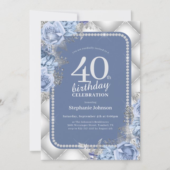 Invitación Purpurina azul plateado Floral 40 cumpleaños (Anverso)