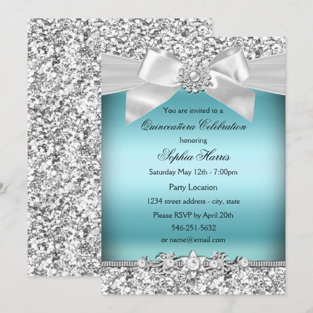 Invitación Purpurina azul plateado Jewel Bow Quinceanera (Anverso / Reverso)