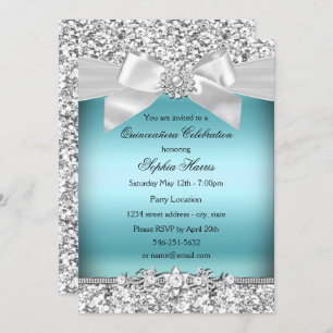 Invitación Purpurina azul plateado Jewel Bow Quinceanera