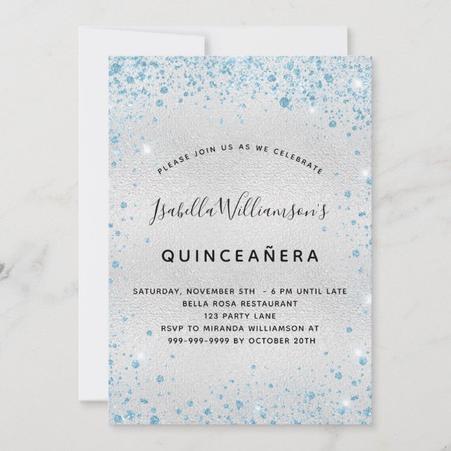 Invitación Purpurina azul plateado Quinceanera (Anverso)