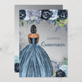 Invitación Purpurina azul plateado Vestido Quinceañera Quince