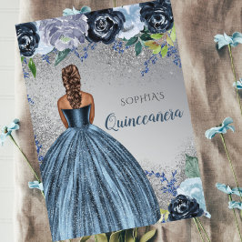 Invitación Purpurina azul plateado Vestido Quinceañera Quince