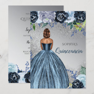 Invitación Purpurina azul plateado Vestido Quinceañera Quince