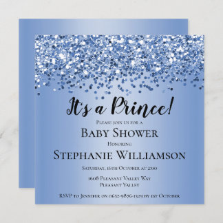 Invitación Purpurina Azul Príncipe Baby Shower