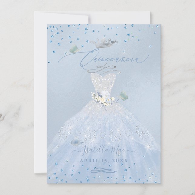 Invitación Purpurina azul Quinceanera (Anverso)