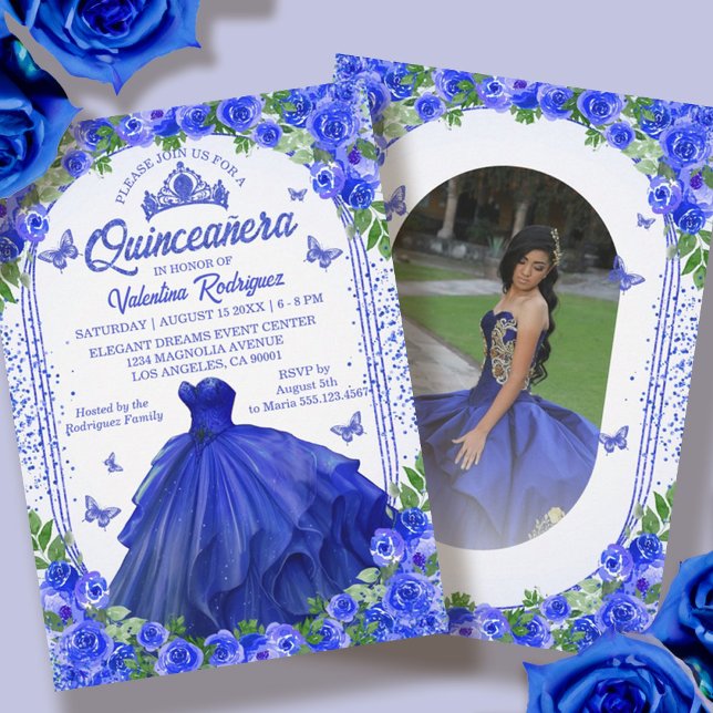 Invitación Purpurina azul real Floral Sparkle Quinceanera (Blue Glitter Floral Sparkle Quinceanera Invitation)