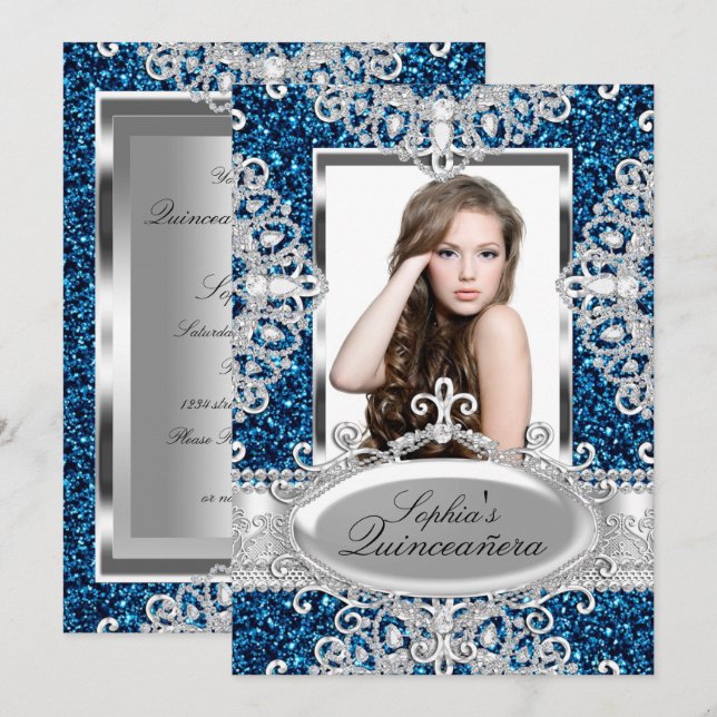 Invitación Purpurina azul real Glamour de diamantes Quinceane (Anverso / Reverso)