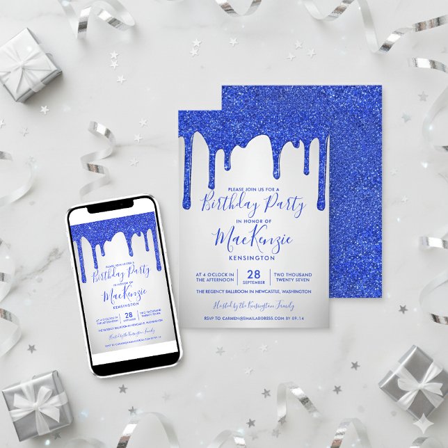 Invitación Purpurina azul real gotea plata cumpleaños metálic (Royal Blue Glitter Drips Silver Metallic Birthday Invitations)