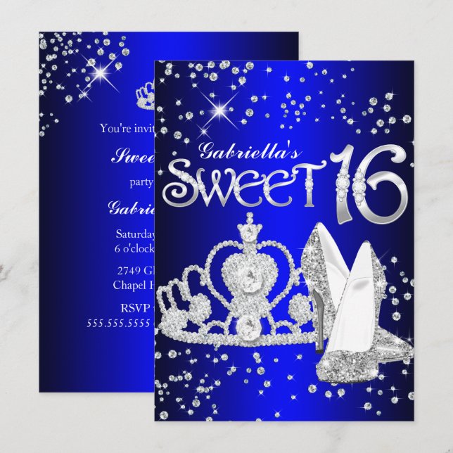 Invitación Purpurina azul real Tiara & Heels Sweet 16 Invite (Anverso / Reverso)