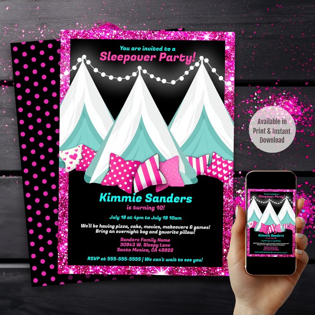 Invitación Purpurina Azul Rosa Azul Negro Teepee Sleepover Cu (Available in Print and Instant Download)