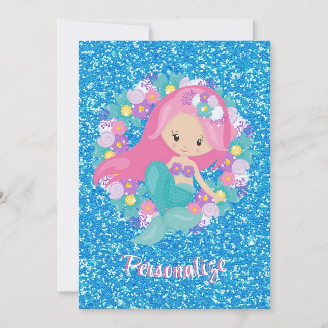 Invitación Purpurina azul rosa de la sirena suave personaliza (Anverso)