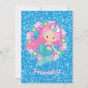 Invitación Purpurina azul rosa de la sirena suave personaliza