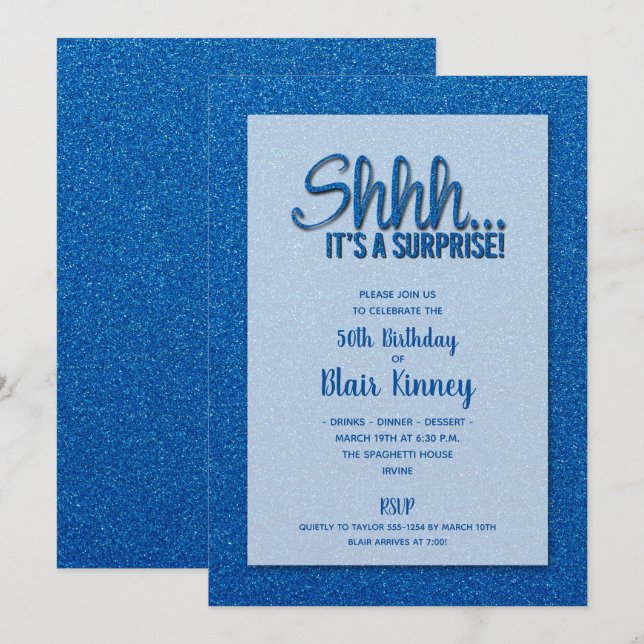 Invitación Purpurina Azul SORPRESA Cumpleaños (Anverso / Reverso)