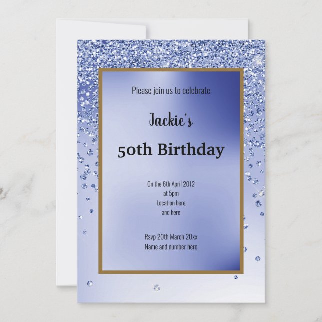 Invitación Purpurina azul Sparkle Elegant 50 cumpleaños (Anverso)