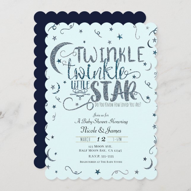 Invitación Purpurina azul Twinkle Little Star Baby Shower (Anverso / Reverso)
