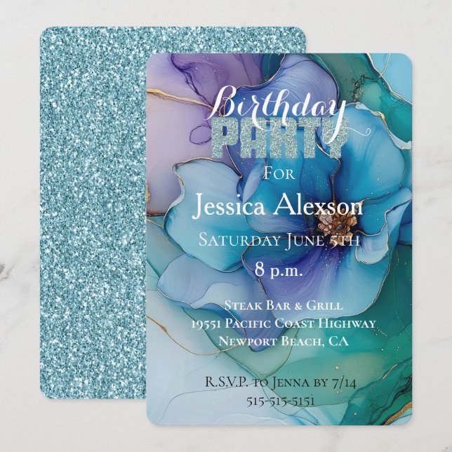 Invitación Purpurina azul Verde azulado dorado Purple Floral  (Anverso / Reverso)
