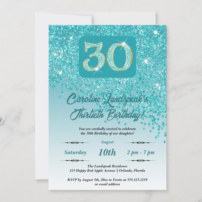 Invitación Purpurina azul Verde azulado en caída 30 Fiesta de (Anverso)