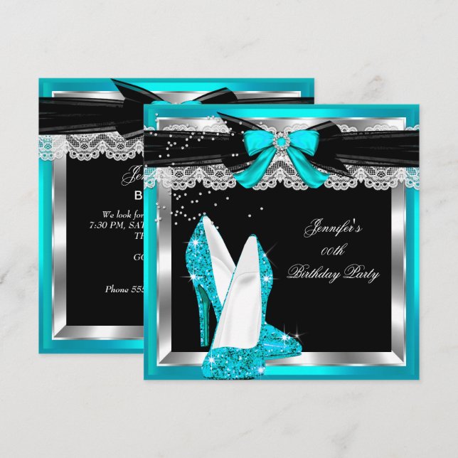 Invitación Purpurina azul verde azulado Hi Heels Silver fiest (Anverso / Reverso)