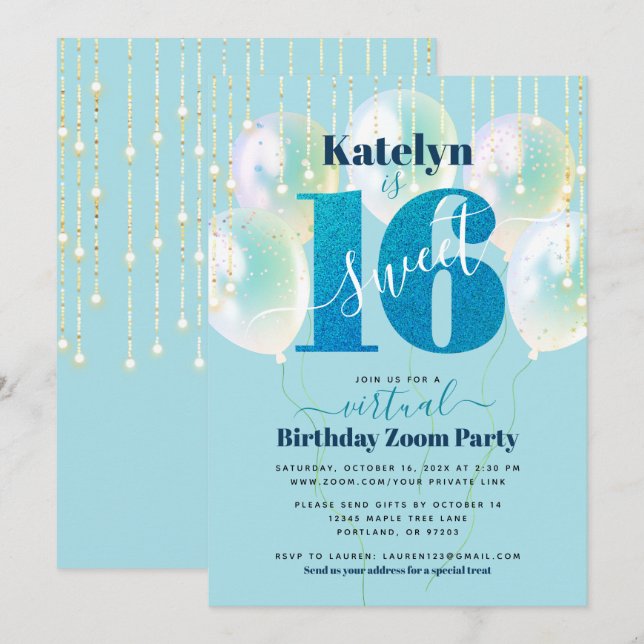 Invitación Purpurina azul virtual dulce 16 globos de cumpleañ (Anverso / Reverso)