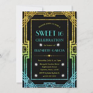 Invitación Purpurina azul y amarillo Art Deco Frame Sweet 16