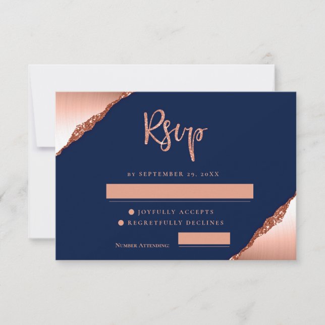 Invitación Purpurina azul y coral Boda RSVP CARD (Anverso)