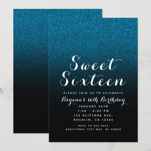 Invitación Purpurina azul y negro Sparkle Glam Sweet 16 Fiest (Anverso / Reverso)